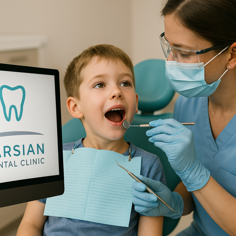 کودک در حال دریافت خدمات دندانپزشکی اطفال در کلینیک پارسیان نازی‌آباد جنوب شهر با امکان وقت گرفتن فوری