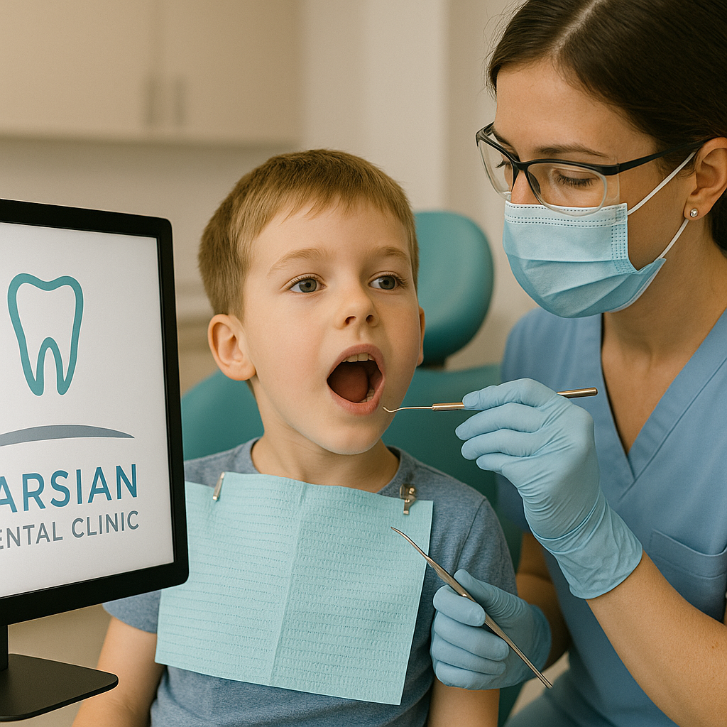 کودک در حال معاینه دندان در کلینیک دندانپزشکی اطفال پارسیان نازیآباد جنوب شهر با امکان وقت گرفتن فوری