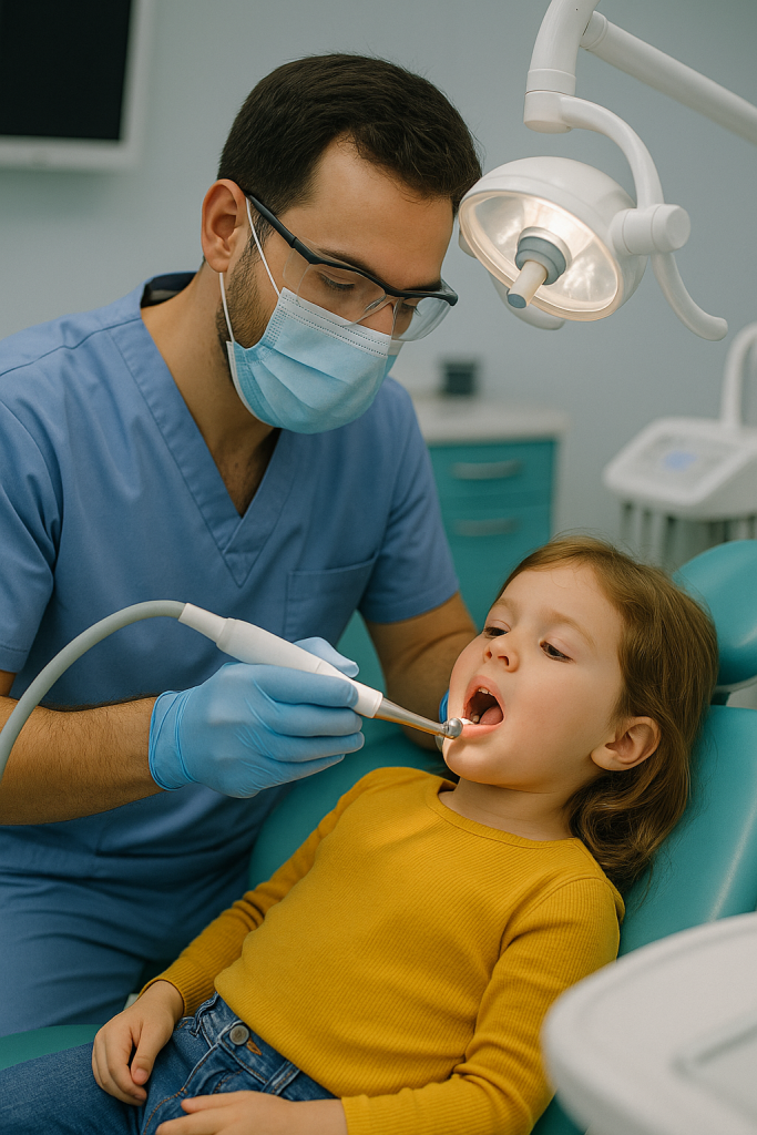 دندانپزشک در حال انجام جرمگیری دندان برای کودک در کلینیک پارسیان نازیآباد جنوب شهر تهران با دستگاه مدرن