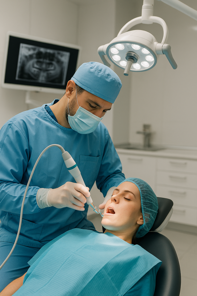 متخصص فک و صورت در حال کاشت ایمپلنت دندان در کلینیک پارسیان نازیآباد جنوب شهر تهران با تجهیزات مدرن