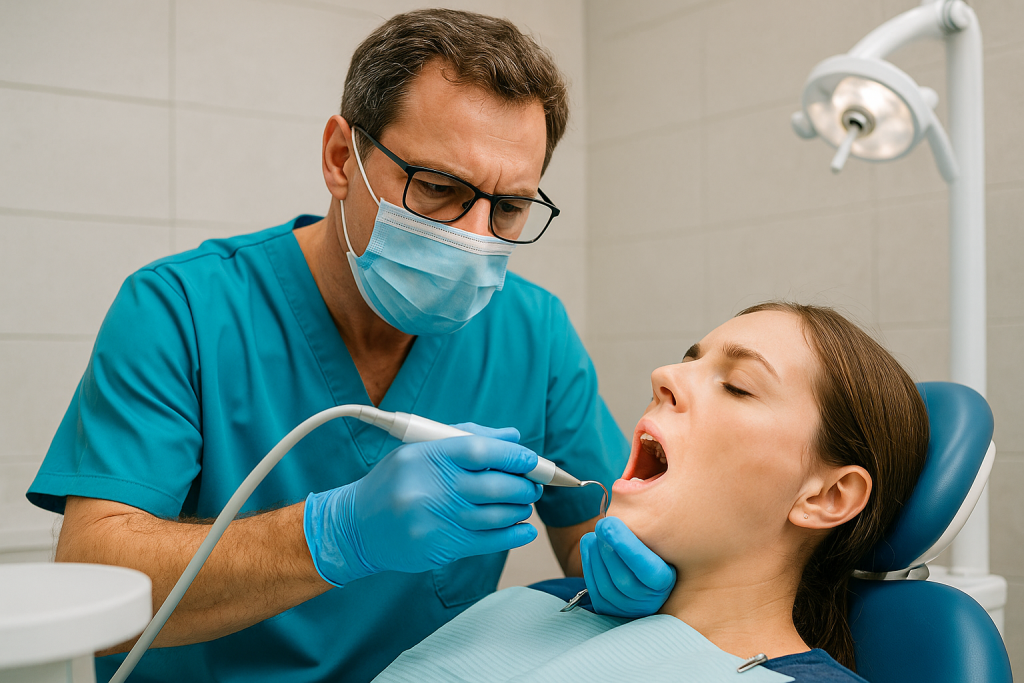 دندانپزشک در حال انجام جرمگیری برای رفع بوی بد دهان بیمار در دندانپزشکی پارسیان نازیآباد جنوب شهر تهران