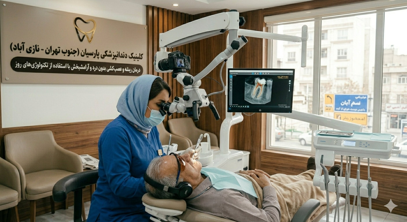 بیمار در حال تجربه عصب کشی بدون درد با تجهیزات دیجیتال در کلینیک پارسیان